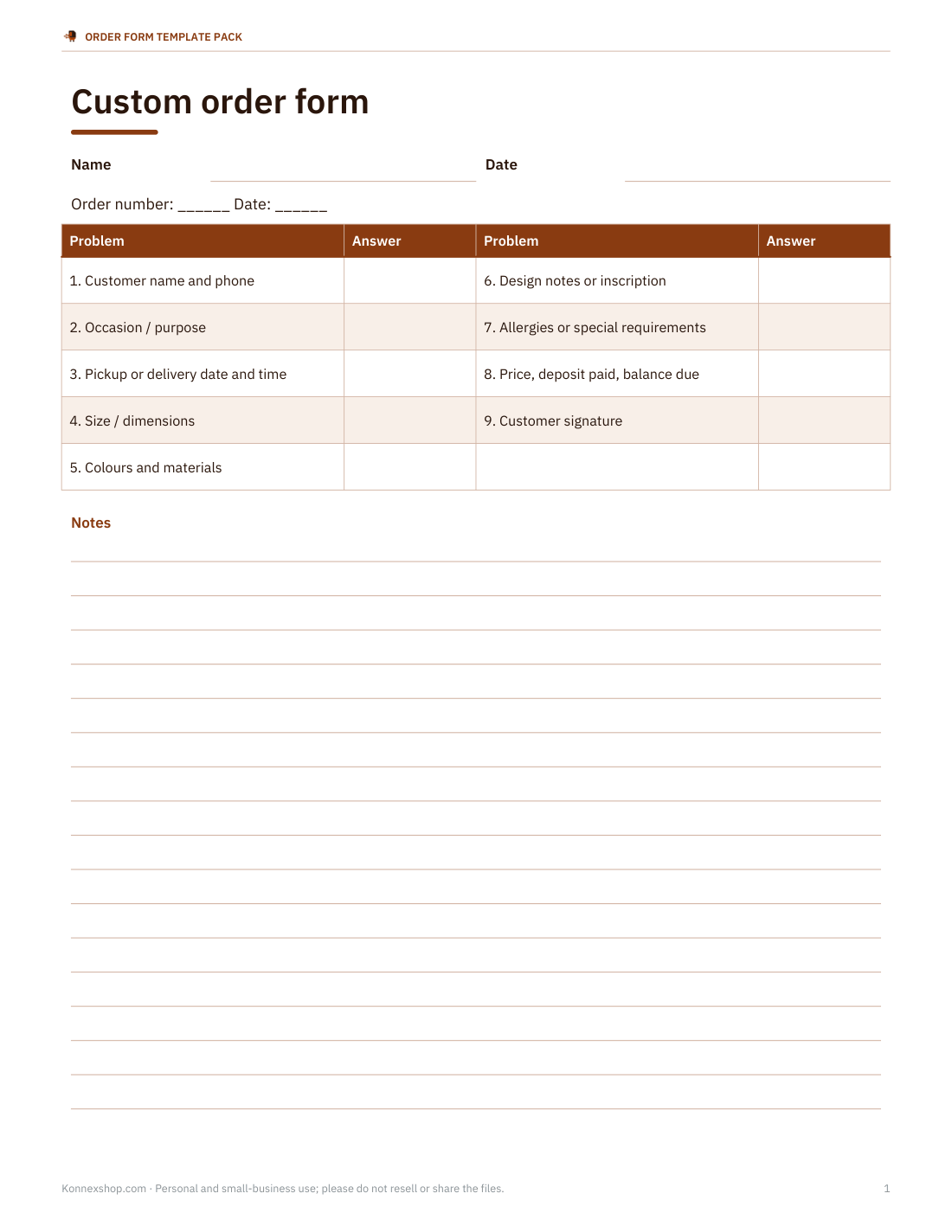 Preview of the first page of Custom order form (DOCX/PDF)